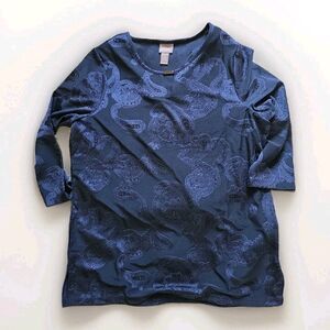 Chico's Women's 2/XL Royal Blue Paisley Jacquard 3/4 Sleeve Lightweight Sweater